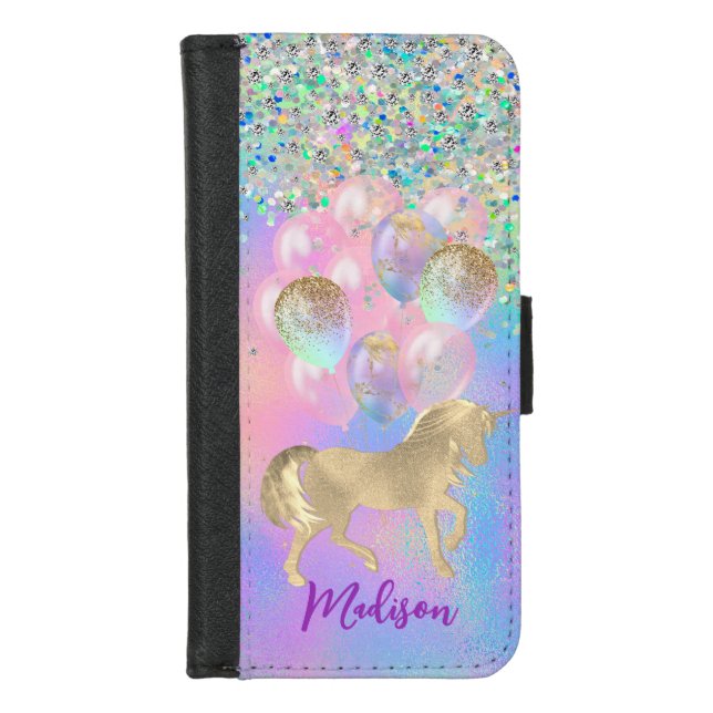 Cute Rainbow unicorn glitter balloons monogram iPhone Wallet Case (Front)
