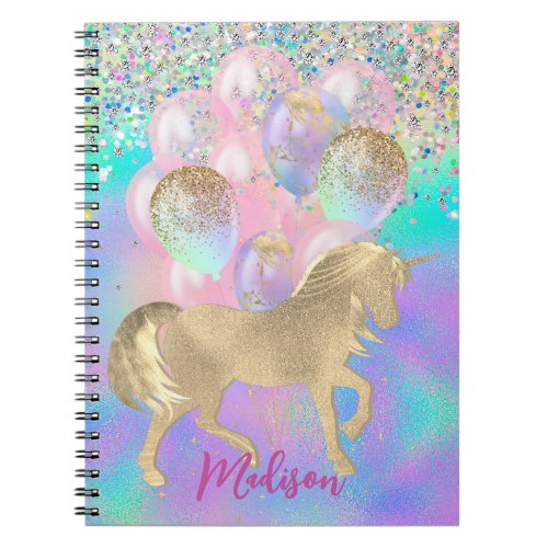 Cute Rainbow unicorn glitter balloons monogram Notebook