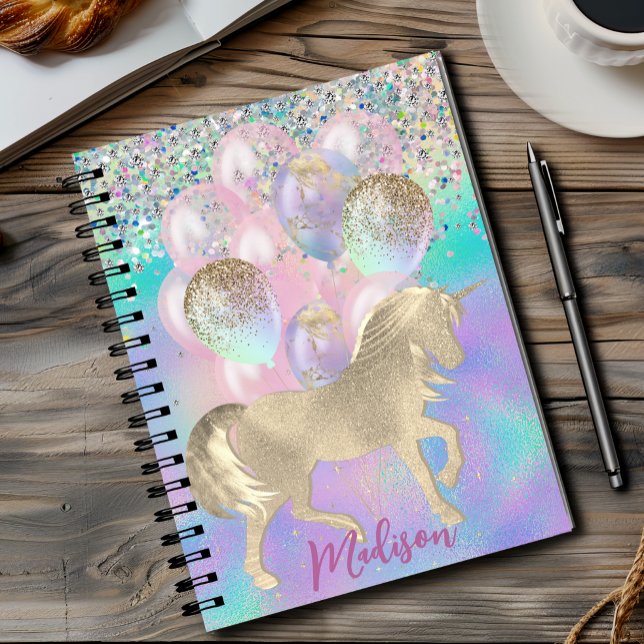Cute Rainbow unicorn glitter balloons monogram Notebook (Creator Uploaded)