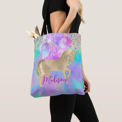 Cute Rainbow unicorn glitter balloons monogram Tote Bag
