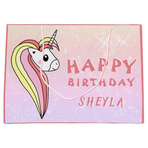 Cute Rainbow Unicorn Glitter Birthday Kids Name Large Gift Bag