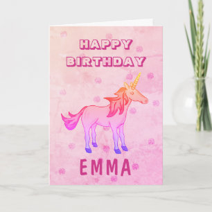 Cute Rainbow Unicorn Happy Birthday Name Card