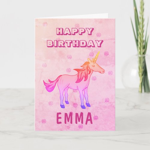 Cute Rainbow Unicorn Happy Birthday Name Card - This pink greeting card with a cute rainbow unicorn, a Happy birthday text and name is perfect for a kid celebrating. The pink background makes this card perfect for a birthday girl. You can change the text, font, color and size.