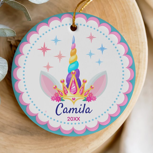 Cute rainbow unicorn horn girly holiday keepsake ceramic ornament (Creator Uploaded)