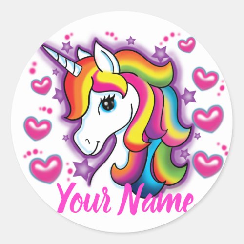 Cute Rainbow Unicorn Horse with Stars Hearts Classic Round Sticker