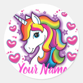 Cute Rainbow Unicorn Horse with Stars Hearts Classic Round Sticker
