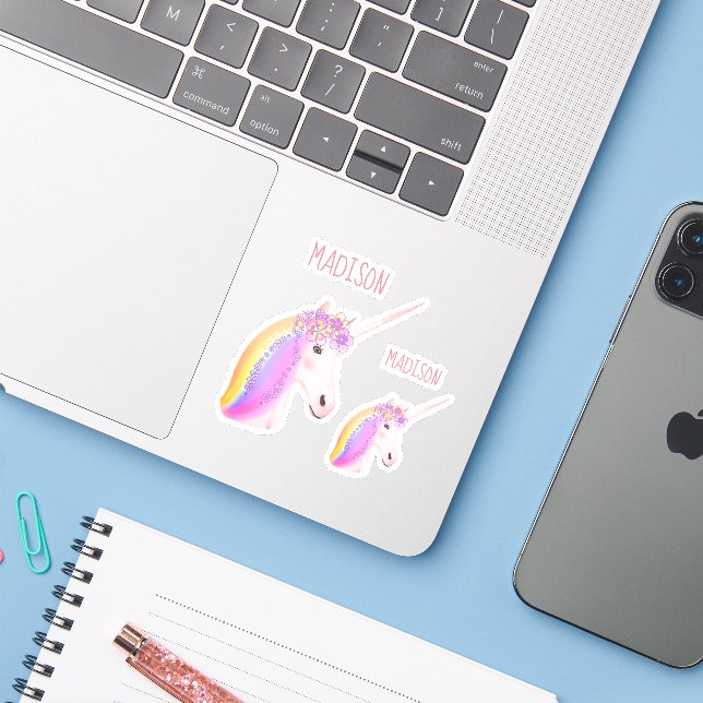 Cute Rainbow Unicorn Laptop Personalized Kids Sticker (Laptop w/ iPhone)