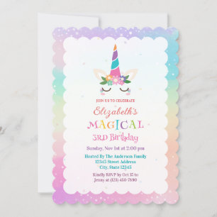 Cute Rainbow Unicorn Magical Birthday Party Invitation