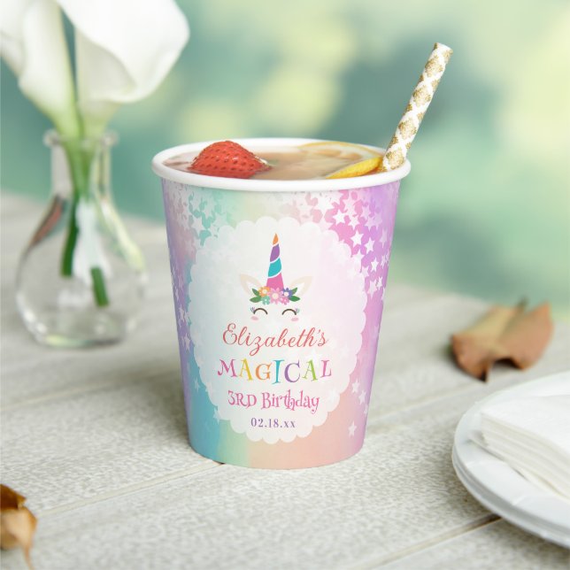 Cute Rainbow Unicorn Magical Birthday Party Paper Cups (Insitu)