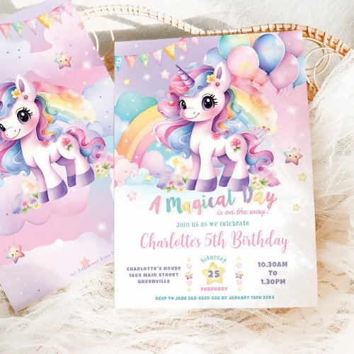 Cute Rainbow Unicorn Magical Day Birthday Invitation
