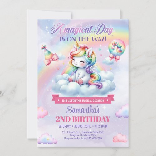 Cute Rainbow Unicorn on a cloud girls 2nd Birthday Invitation