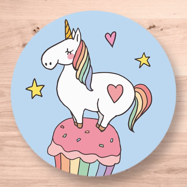 Cute Rainbow Unicorn on Birthday Cupcake Classic Round Sticker (Creator Uploaded)