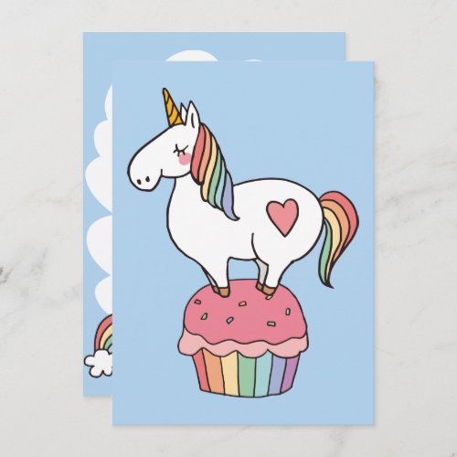 Cute Rainbow Unicorn on Birthday Cupcake Invitation