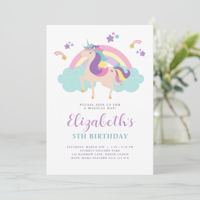 Cute Rainbow Unicorn Personalised Birthday Invitation (Standing Front)