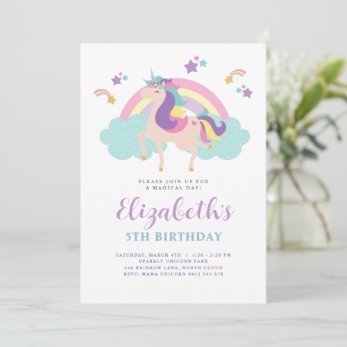 Cute Rainbow Unicorn Personalised Birthday Invitation