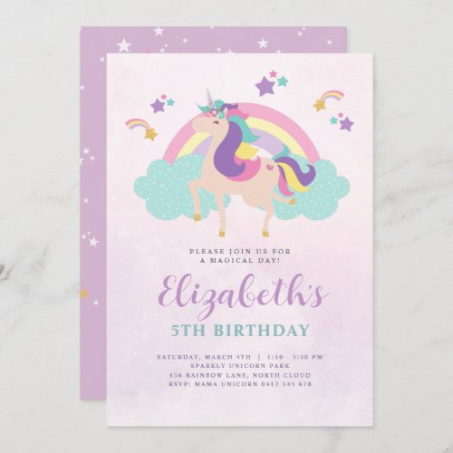 Cute Rainbow Unicorn Personalised Birthday Invitation
