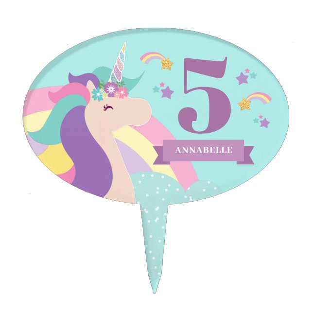 Cute Rainbow Unicorn Personalized Cake Pick (Front)