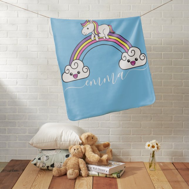 Cute Rainbow Unicorn Personalized Name  Baby Blanket (In Situ)