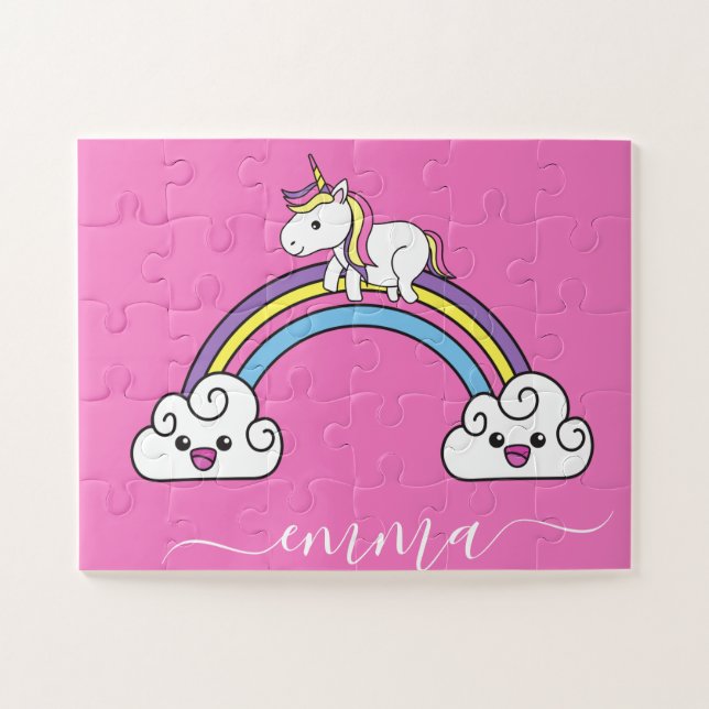 Cute Rainbow Unicorn Personalized Name  Jigsaw Puzzle (Horizontal)