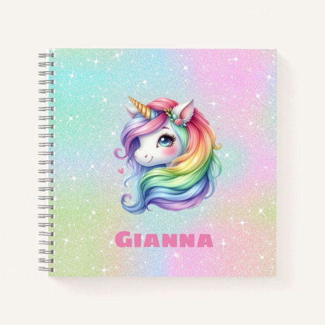 Cute Rainbow Unicorn Personalized Name Notebook (Front)