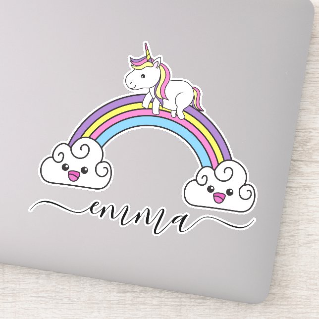 Cute Rainbow Unicorn Personalized Name Sticker (Detail)