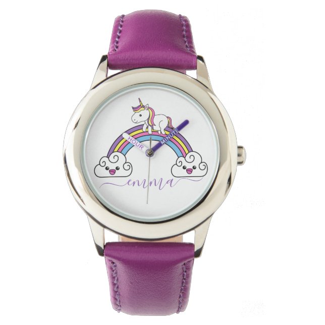 Cute Rainbow Unicorn Personalized Name  Watch (Front)