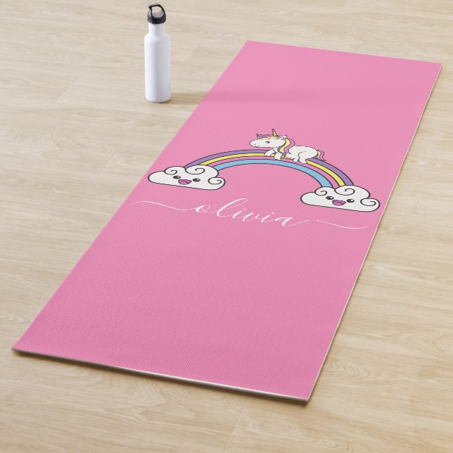 Cute Rainbow Unicorn, Personalized Name Yoga Mat (In Situ)