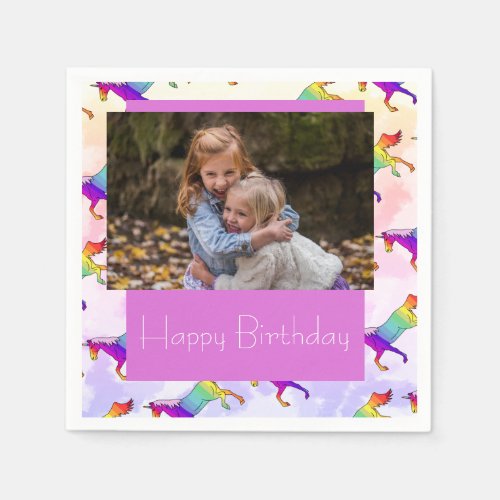 Cute Rainbow Unicorn Photo Napkins - These cute rainbow unicorns with a child`s photo are perfect for kids celebrations. Change the photo with yours. You can also change the text Happy Birthday.