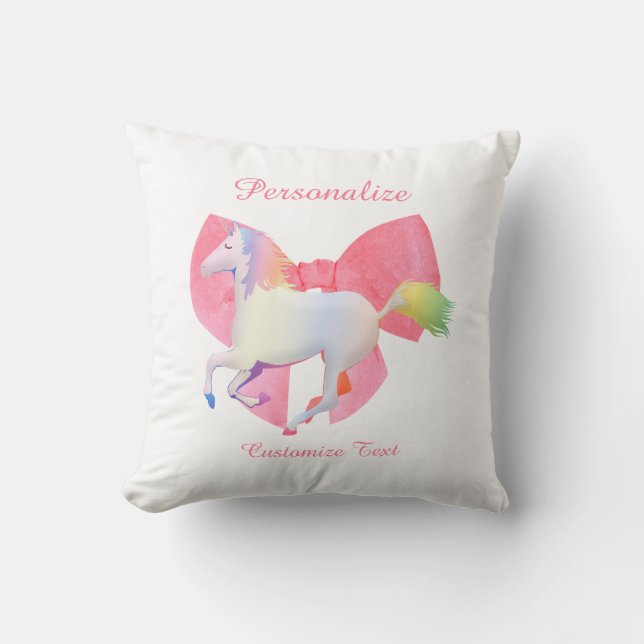 Cute Rainbow Unicorn Pink Bow Girly Personalized Throw Pillow (Front)