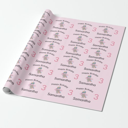 Cute Rainbow Unicorn Pink Girl Name  Age Birthday Wrapping Paper