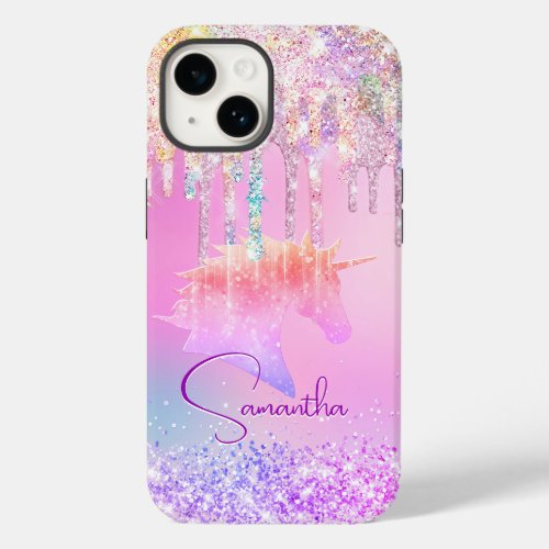 Cute Rainbow unicorn pink Glitter Drips monogram Case_Mate iPhone 14 Case