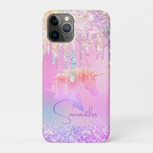 Cute Rainbow unicorn pink Glitter Drips monogram iPhone 11 Pro Case