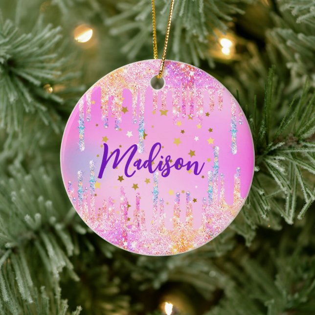 Cute Rainbow unicorn pink Glitter Drips monogram Ceramic Ornament (Tree)
