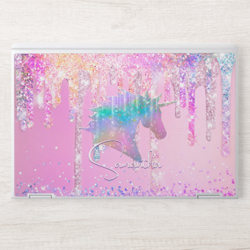 Cute Rainbow unicorn pink Glitter Drips monogram HP Laptop Skin