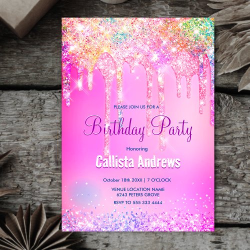 Cute Rainbow unicorn pink Glitter Drips monogram Invitation