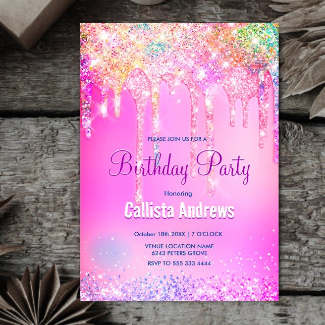 Cute Rainbow unicorn pink Glitter Drips monogram Invitation (Creator Uploaded)