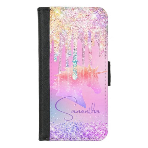 Cute Rainbow unicorn pink Glitter Drips monogram iPhone 87 Wallet Case