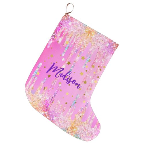 Cute Rainbow unicorn pink Glitter Drips monogram Large Christmas Stocking