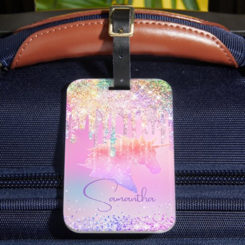 Cute Rainbow unicorn pink Glitter Drips monogram Luggage Tag