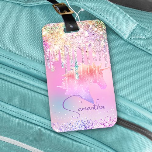 Cute Rainbow unicorn pink Glitter Drips monogram Luggage Tag