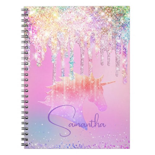 Cute Rainbow unicorn pink Glitter Drips monogram Notebook
