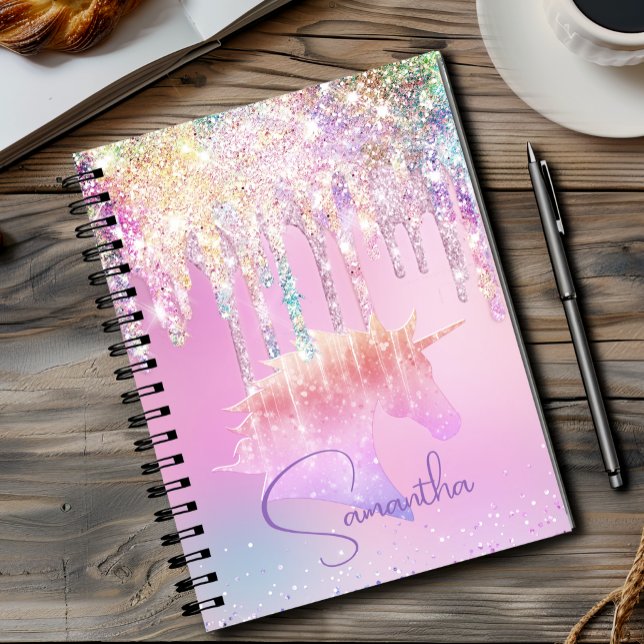 Cute Rainbow unicorn pink Glitter Drips monogram Notebook (Creator Uploaded)