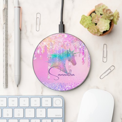 Cute Rainbow unicorn pink Glitter Drips monogram Wireless Charger