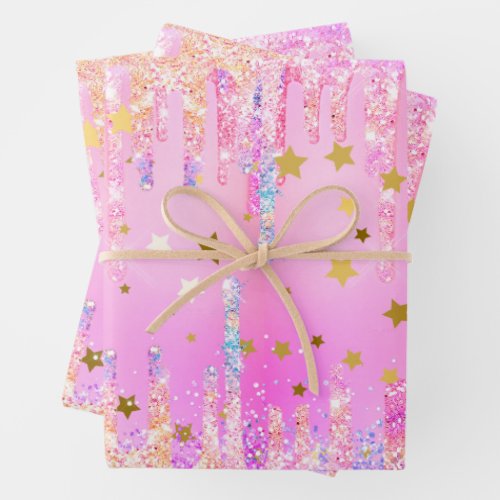 Cute Rainbow unicorn pink Glitter Drips Wrapping Paper Sheets