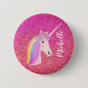 Cute Rainbow Unicorn Pink Glitter Fantasy Girl Button