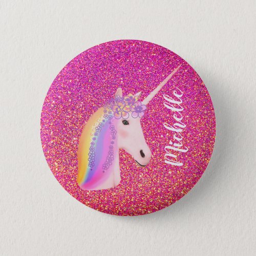 Cute Rainbow Unicorn Pink Glitter Fantasy Girl Button