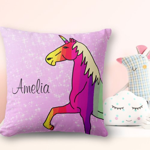 Cute Rainbow Unicorn Pink Glitter Girl Name Throw Pillow