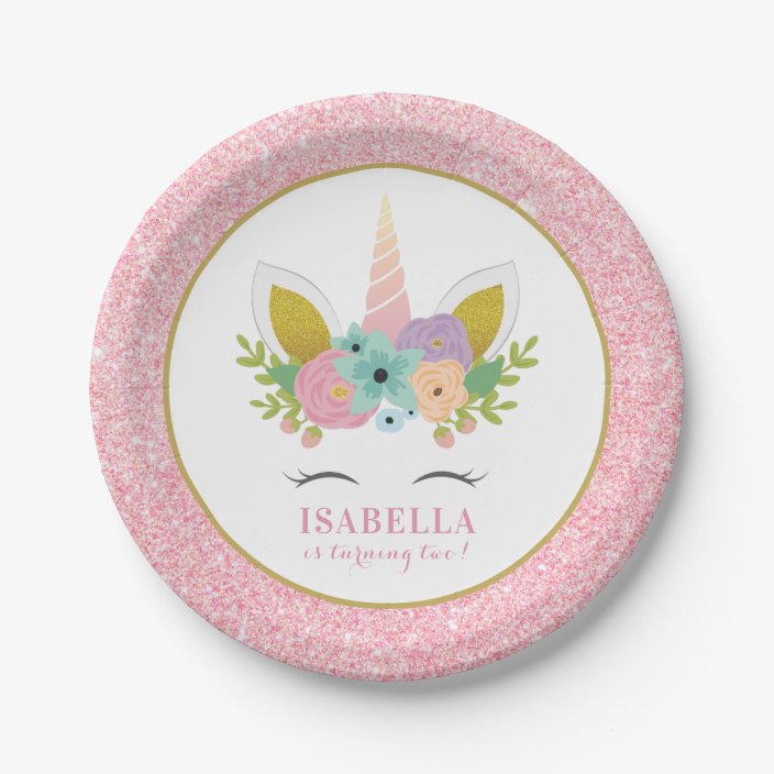 Cute Rainbow Unicorn Pink Glitter Kids Birthday Paper Plate Zazzle Com