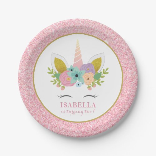 Cute Rainbow Unicorn  Pink Glitter Kids Birthday Paper Plates