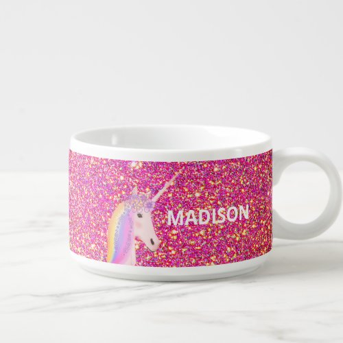 Cute Rainbow Unicorn Pink Glitter Name Cereal Bowl